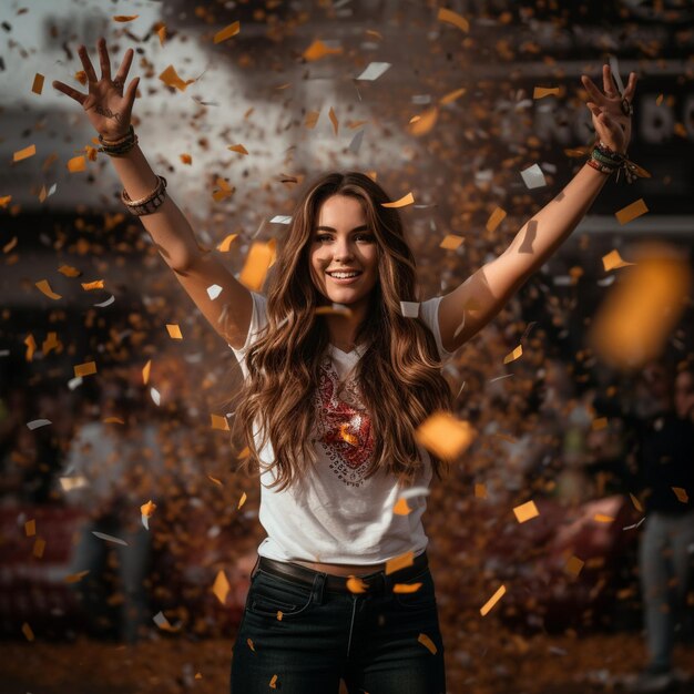 Vrouw op een podium viert overwinning met zijn trofee met confetti