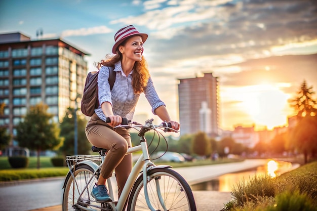 Vrouw op fiets, lege ruimte voor tekst.