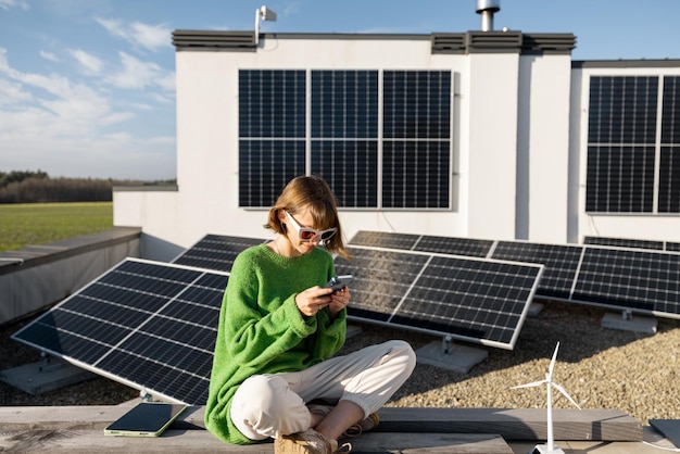 Vrouw op het dak van haar huis met een zonne-installatie