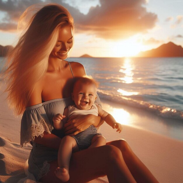 Vrouw op het strand met haar baby die van de zonsondergang geniet