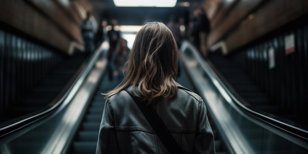 Vrouw op roltrappen vooraanzicht