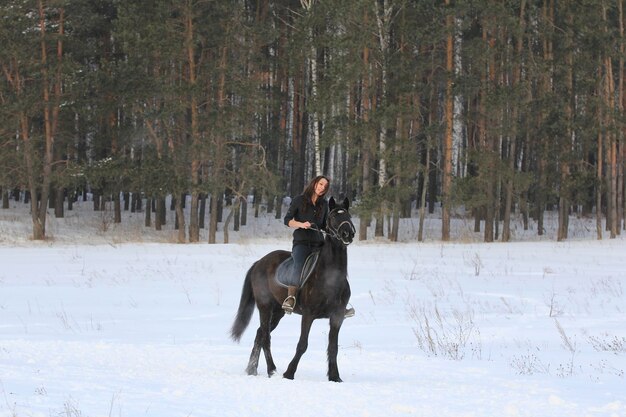 Vrouw op zwart paard in besneeuwd bos, telefoto