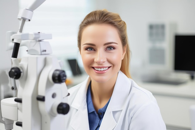 Vrouw opticien in een laboratorium kijken en glimlachen naar de camera