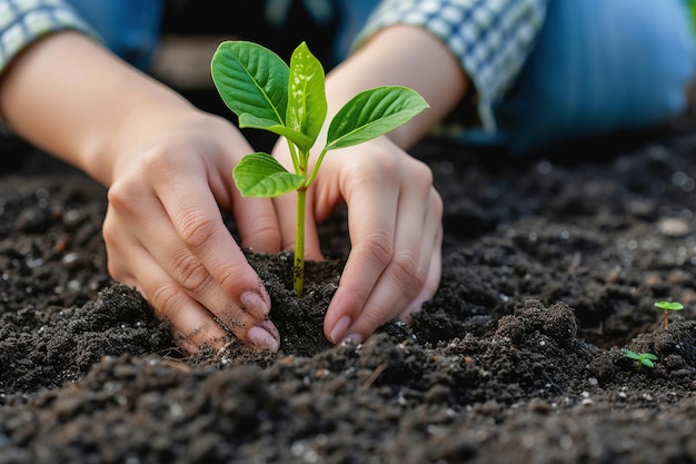 Vrouw plant een klein zaadje in de grond