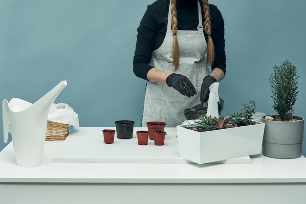 Vrouw plant kamerplanten en bloemen in aarde en potten