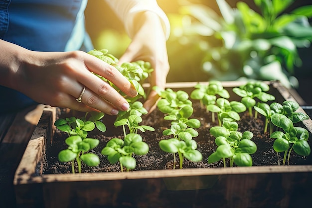 Vrouw plant microgroenten in een bakje Generatieve AI