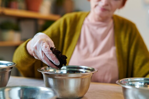 Vrouw plant planten in kommen