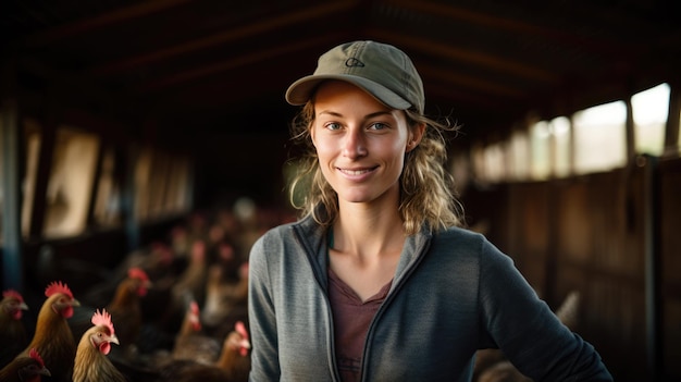 Foto vrouw pluimveehouder glimlacht omringd door kippen op een boerderij