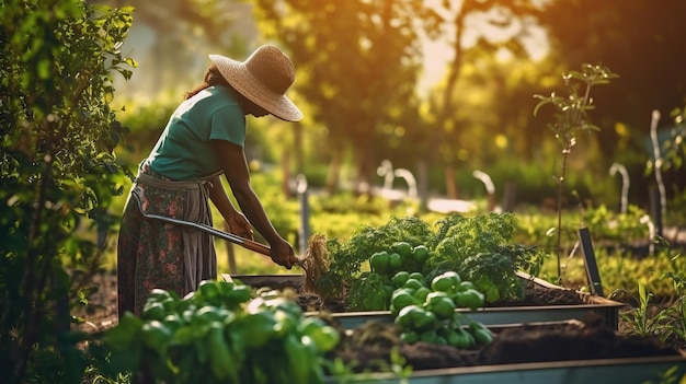 Vrouw plukt groenten uit de tuin Generatieve AI