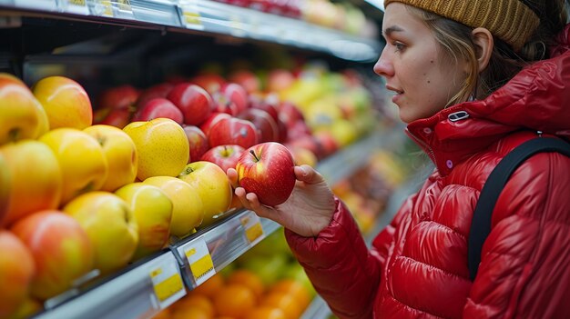 Vrouw plukt verse appels tijdens het boodschappen doen