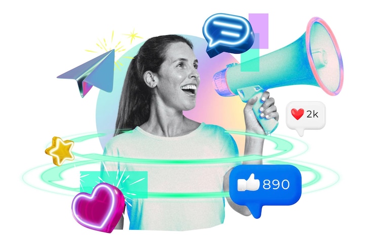 Foto vrouw png met megafoon digitale marketing remix transparante achtergrond