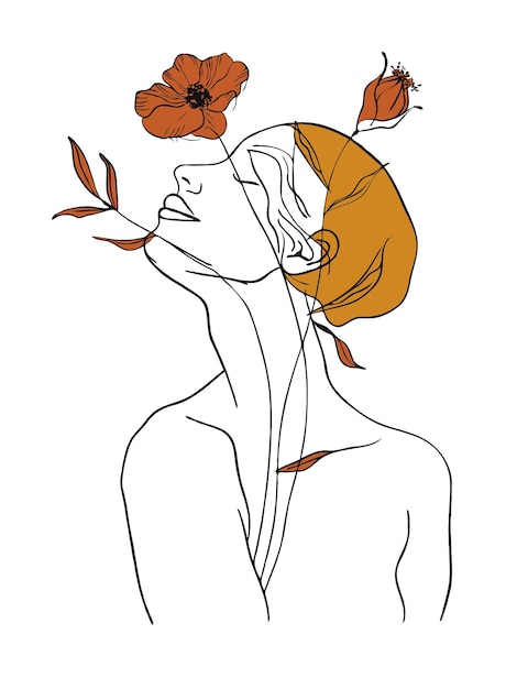 Vrouw Portret Bloemlijn Kunst Illustratie
