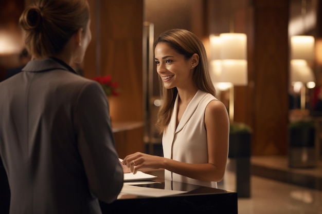 Vrouw praat met een hotel receptioniste in de lobby.