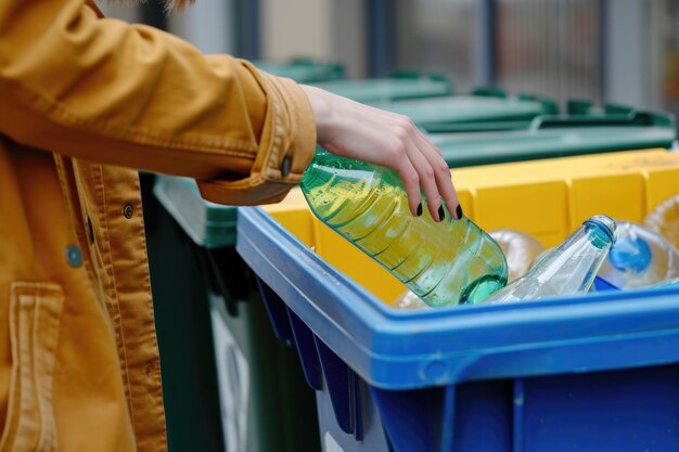 Foto vrouw recycleert glazen fles