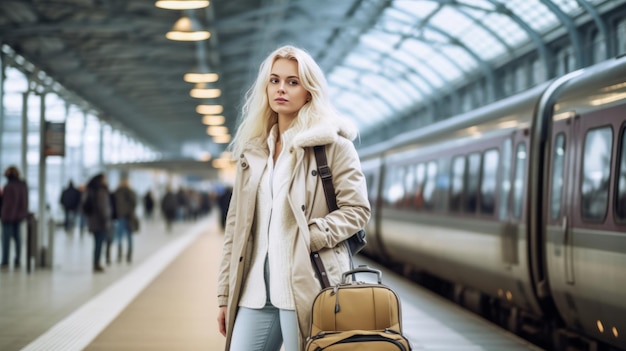 Vrouw reiziger toerist wandelen met bagage op station actief en reizen levensstijl concept