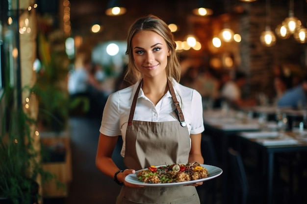 Vrouw restaurant eten ober glimlach portret bedrijf baan staande uniform binnenshuis Generatieve AI