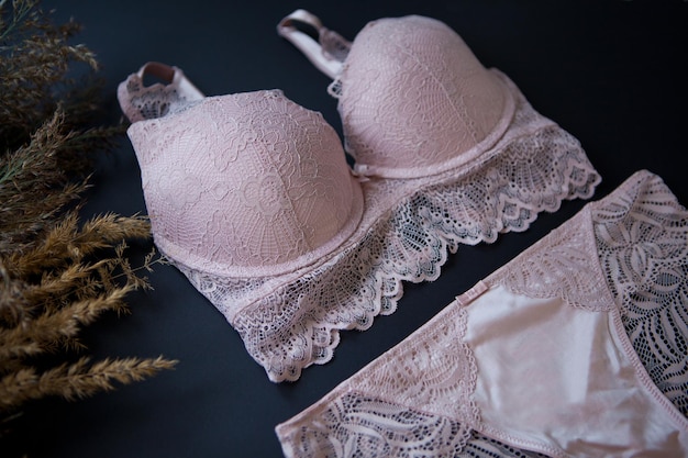 Vrouw roze beha en slipje lingerie in de buurt van pampagras op zwart. mode Winkelen voor vrouwelijke garderobe. glamoureuze stijlvolle sexy kant. Vrouw accessoires.