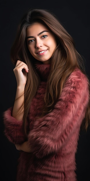 vrouw roze bont jas poseert bruin haar gezicht over disco glimlach portret vrouwelijke lood gezichten harig