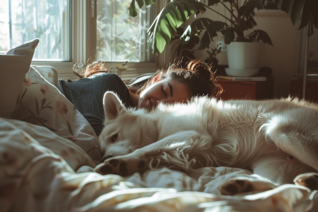 Foto vrouw rusten met hond in een gezellige kamer