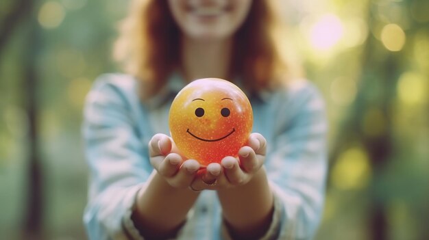 Foto vrouw 39's handen met een kleine oranje bal met een glimlachend gezicht