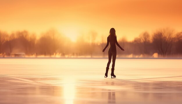 vrouw schaatsen op het meer in het zonsonderganglicht