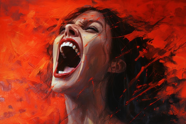 Vrouw schreeuwt acryl rode verf Mooie illustratie foto Generatieve AI