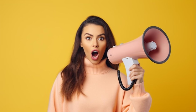 Foto vrouw schreeuwt met een megafoon over een gele achtergrondfoto