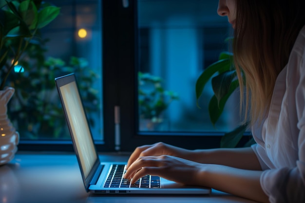 Vrouw schrijft op laptop met donkere achtergrond van het raam