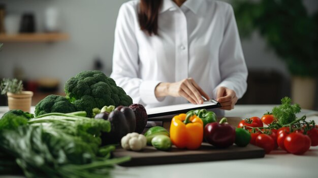 Vrouw schrijft zichzelf een dieetplan voor met groenten die uitgespreid op de keukentafel liggen