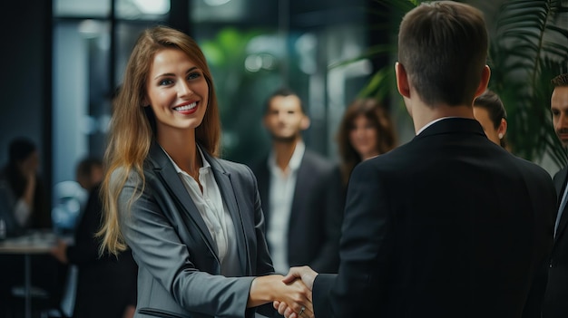 Vrouw schudt de hand op kantoor Collaboratief teamwerkZakelijke professionals