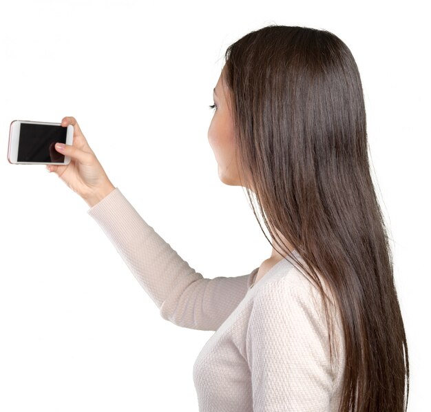 vrouw selfie maken met haar smartphone