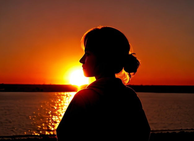 Foto vrouw silhouet kijken naar de zon in een zonsondergang