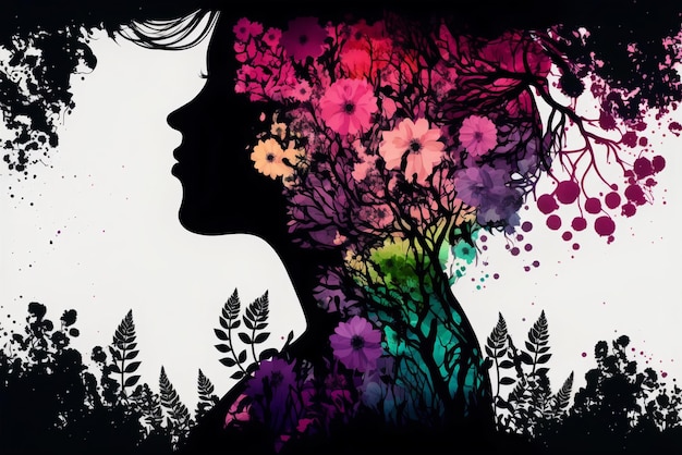 Vrouw silhouet met planten en bloemen Vrouwendag concept Bloesemkracht van vrouwen Generatieve AI
