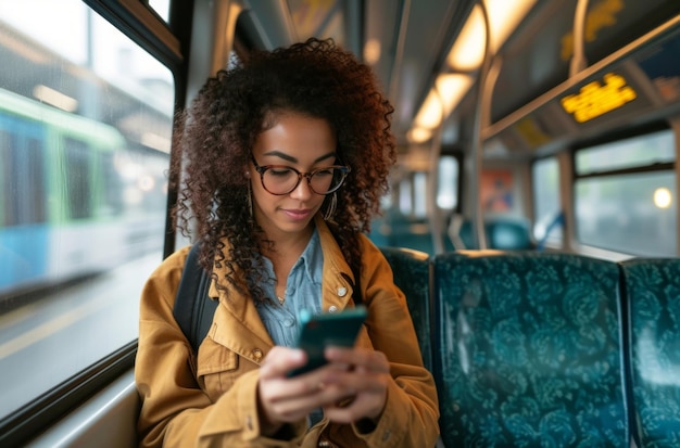 Vrouw smartphone en ochtend busrit naar het kantoor voor openbaar vervoer wifi verbinding en typen