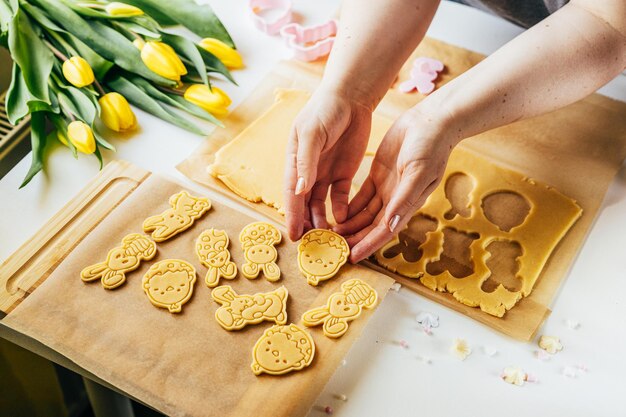 Vrouw snijdt met de hand gebak in de vorm van konijnen en eieren terwijl ze suikerkoekjes maakt Close Up Easter backing concept Home backing