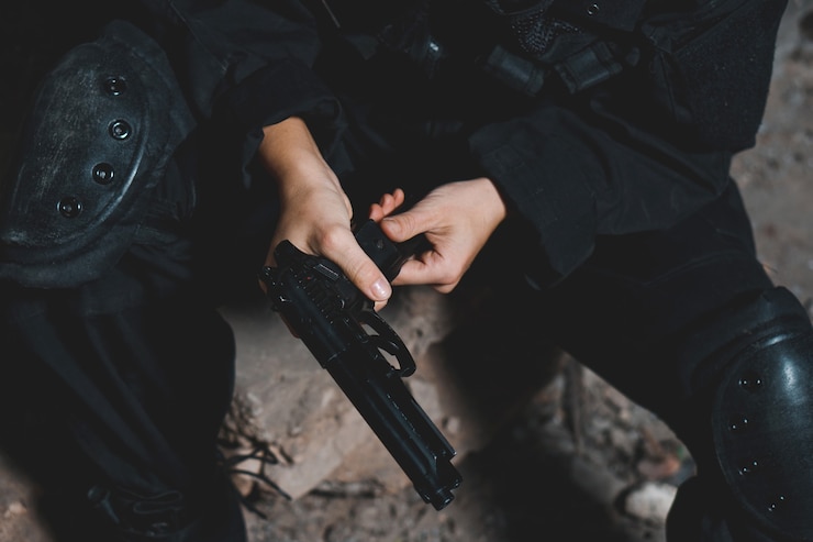 Foto vrouw soldaat in zwart uniform haar pistool herladen