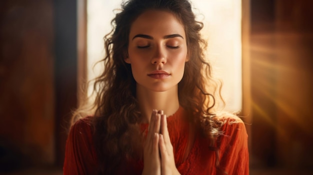 Vrouw Spaans en meditatie in de slaapkamer bij zonsondergang of zonsopgang voor mindfulness en spiritualiteit