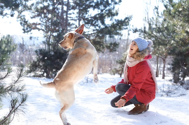 Vrouw speelt met schattige hond buiten op winterdag Vriendschap tussen huisdier en eigenaar