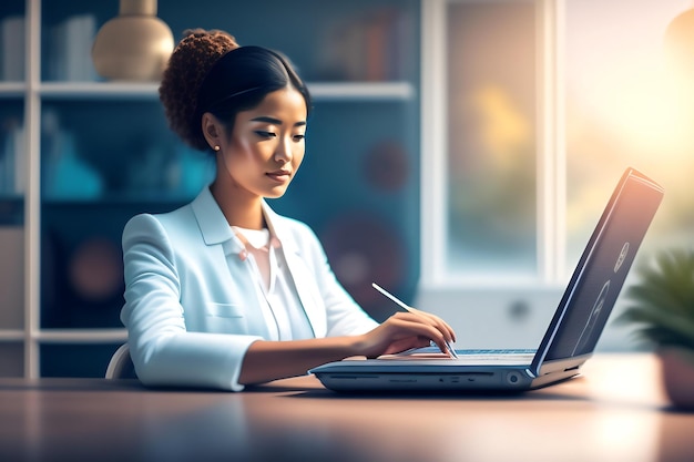 Vrouw speelt op een laptop Tiener bladert op een laptop en zoekt online naar informatie