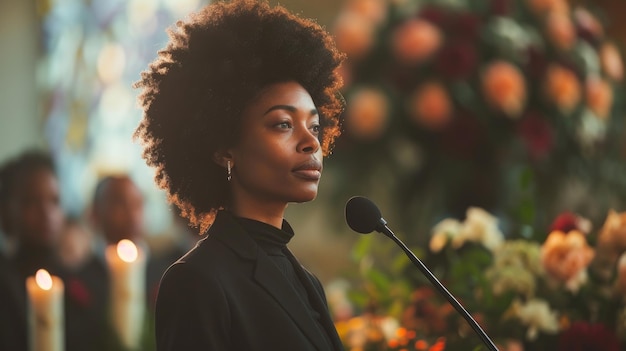 Vrouw spreekt bij serene openlucht begrafenisdienst