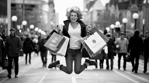 Vrouw springt terwijl ze haar boodschappenzakken vasthoudt