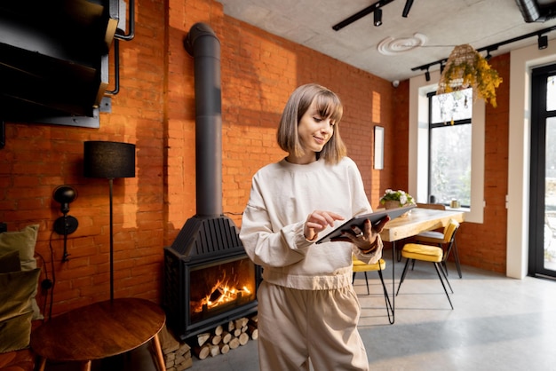 Vrouw staande met een digitale tablet in een gezellige woonkamer in loft-stijl