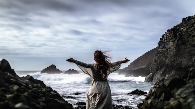 Vrouw staande op de rotsen met haar armen uitgestrekt en uitkijkend op zee.