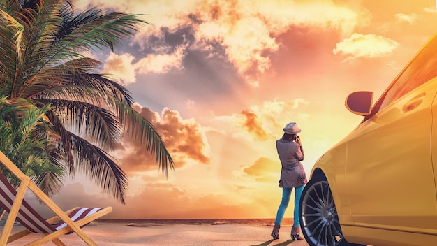 Vrouw staande op het strand bij zonsondergang. 3D render en illustratie.