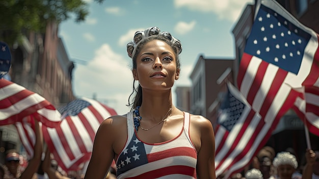Vrouw staande voor Amerikaanse vlaggen Amerikaanse Onafhankelijkheidsdag