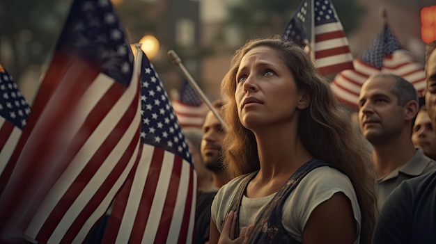 Vrouw staande voor Amerikaanse vlaggen Amerikaanse Onafhankelijkheidsdag