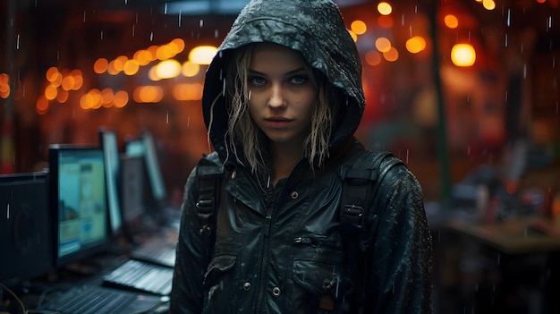 Foto vrouw staat in de regen voor een laptop generatieve ai
