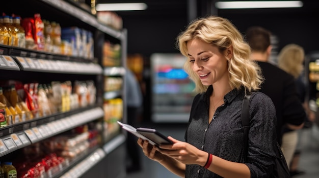 Vrouw staat in een supermarkt en kijkt naar haar telefoon om kortingen op een app te zoeken