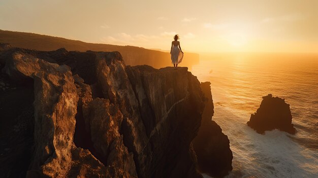 Vrouw staat op de top van de klif bij zonsondergang Generatieve AI