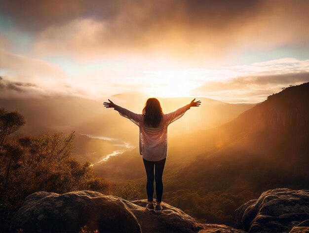 Vrouw staat op een rots bij zonsopgang gegenereerd door AI